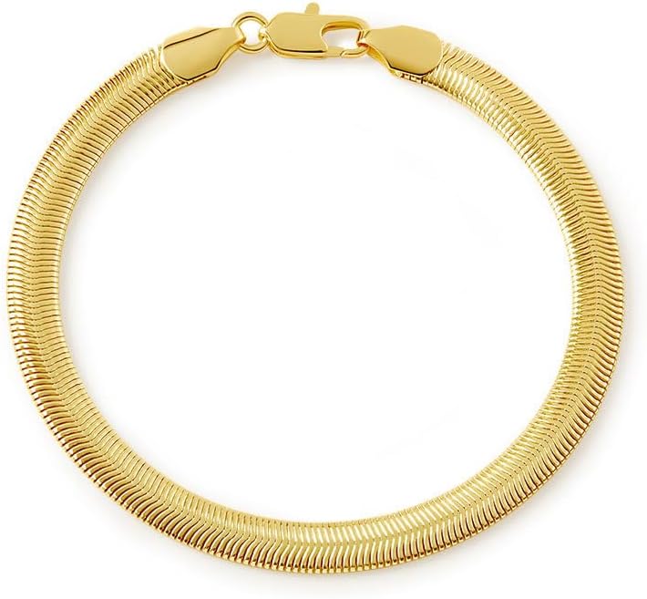18K Gold Plated Snake Chain Bracelet for Men and Women, 6mm Flat Flexible Chain, Smooth Herringbone Style, Hypoallergenic Jewelry for Daily Wear, Minimalist Gift