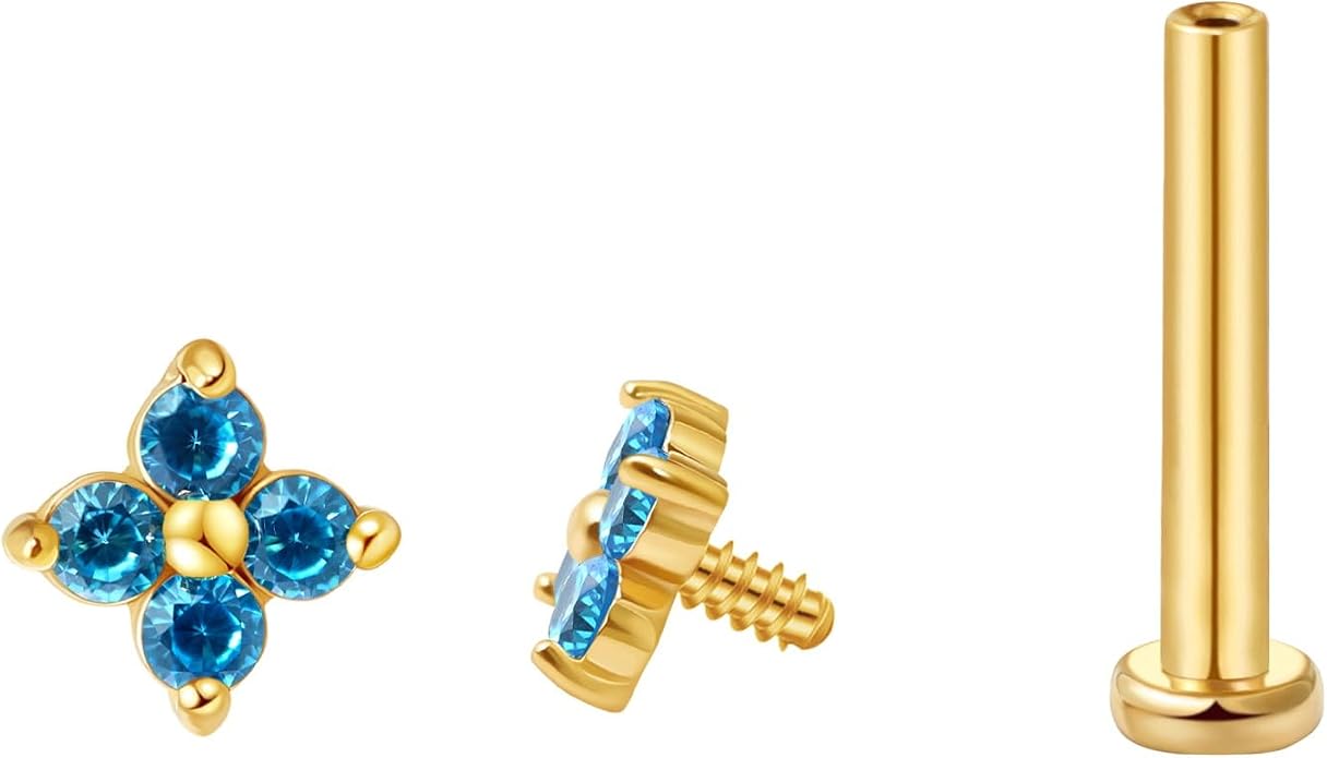 FANSING CZ Flower Internally Threaded Flat Back Earring Labret Stud for Cartilage Tragus Helix Conch