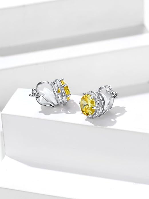Silvora 925 Silver 8MM Cubic Zirconia Birthstone Clip On Stud Earrings Round Non Pierced Earrings For Women,Come with Box