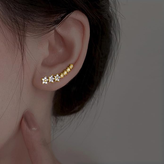 Dainty Flowers Ear Climbers Stud Earrings for Women 925 Sterling Silver Diamond Flower Cuff Crawler Earrings for Mom 14K Gold Plated Cute White Cubic Zirconia Earrings Wedding Graduation Jewelry Gifts