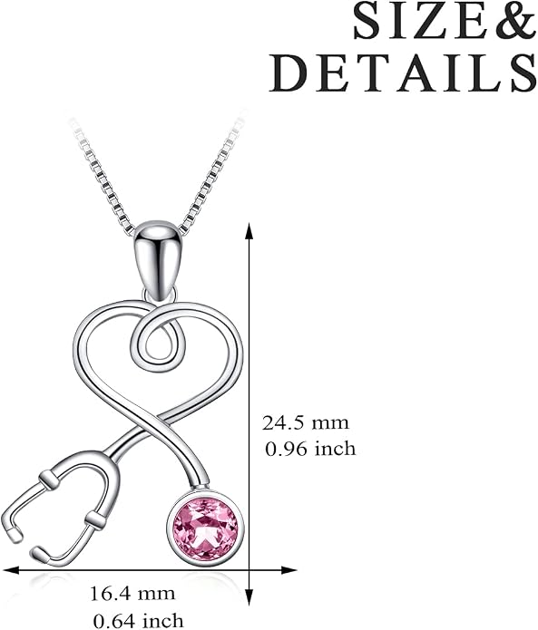 AOBOCO Stethoscope Necklace 925 Sterling Silver Embellished with 12 Months Birthstone Crystals from Austria, Graduation Gifts Medical Jewelry for Doctor Nurse Medical Student RN
