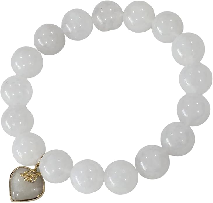 Premium White Jade Bracelet with Heart Charm – Natural White Jade Beaded Stretch Bracelet for Women, Elegant Lucky Crystal Jewelry Gift with Red Satin Pouch