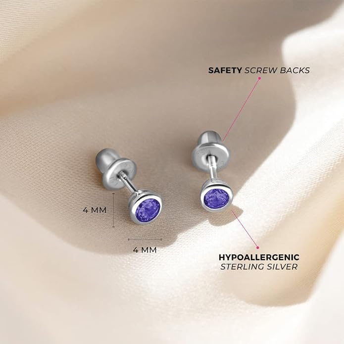 925 Sterling Silver 4mm Bezel Cubic Zirconia Toddler Girls Safety Screw Back Earrings - Locking Back Stud Earrings for Babies to Children - Lightweight and Hypoallergenic Safe for Kids