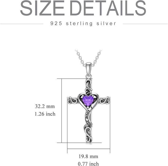 TOUPOP Cross Birthstone Necklace for Women 925 Sterling Silver Heart Cross Pendant I Love You Jewelry Anniversary Birthday Mothers Day Gifts for Mom Wife Her