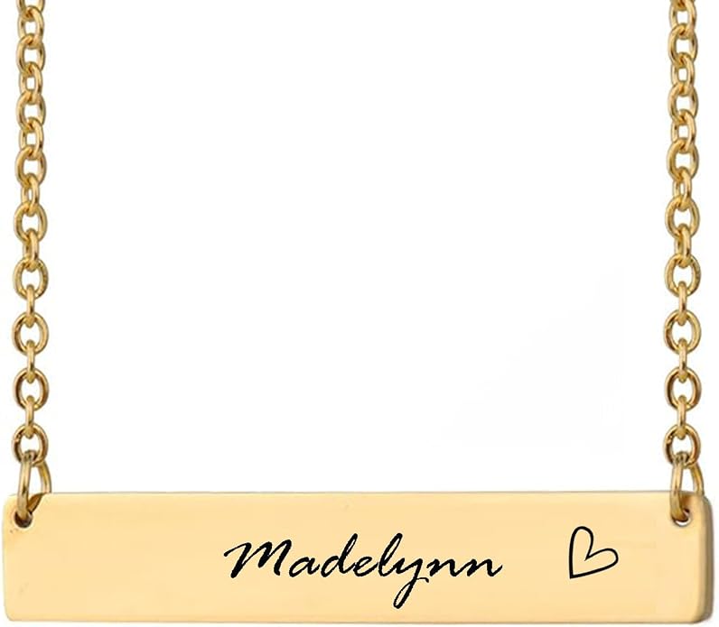 HUAN XUN Custom Bar Necklace Personalized Engraved Name Bar Necklace for Women Customized Stainless Steel Heart Pendant Bar Jewelry Gift for Her Mother Day Christmas