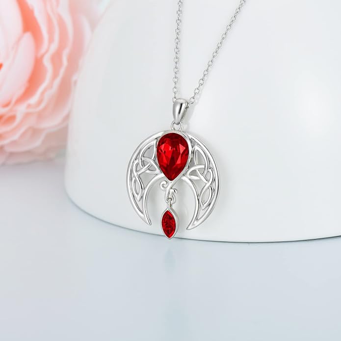 AOBOCO Sterling Silver Celtic Crescent Moon Goddess Pendant Irish Good Luck Necklace with Birthstone Crystal, Celtic Moon Jewelry Gift for Women Mom Wife