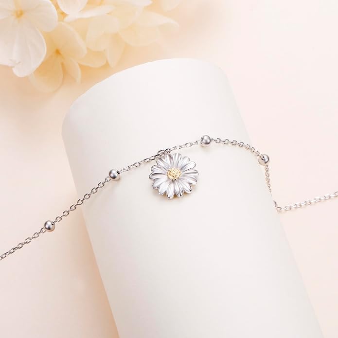 FLYOW S925 Sterling Silver Anklet for Women Summer Boho Beach Charm Adjustable Foot Ankle Bracelet Jewelry Birthday Gift