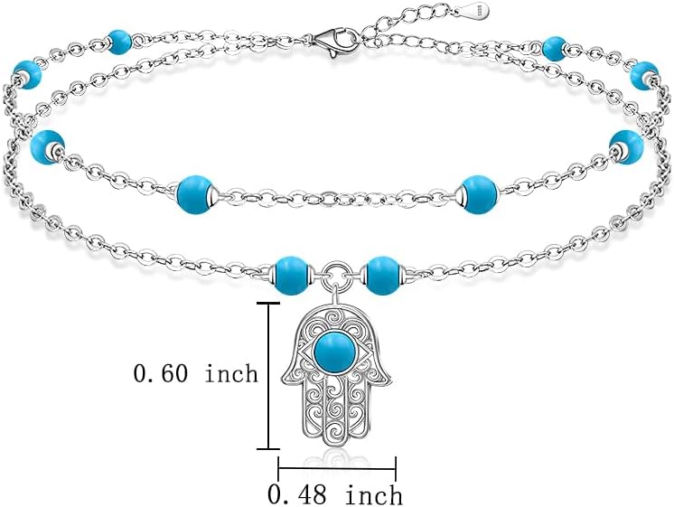 Anklets for Women S925 Sterling Silver Hand of Fatima Charm Dainty Evil Eye Hamsa Hand Anklet Adjustable Layered Bracelet Turquoise Jewelry Mothers Day Gifts for Mom