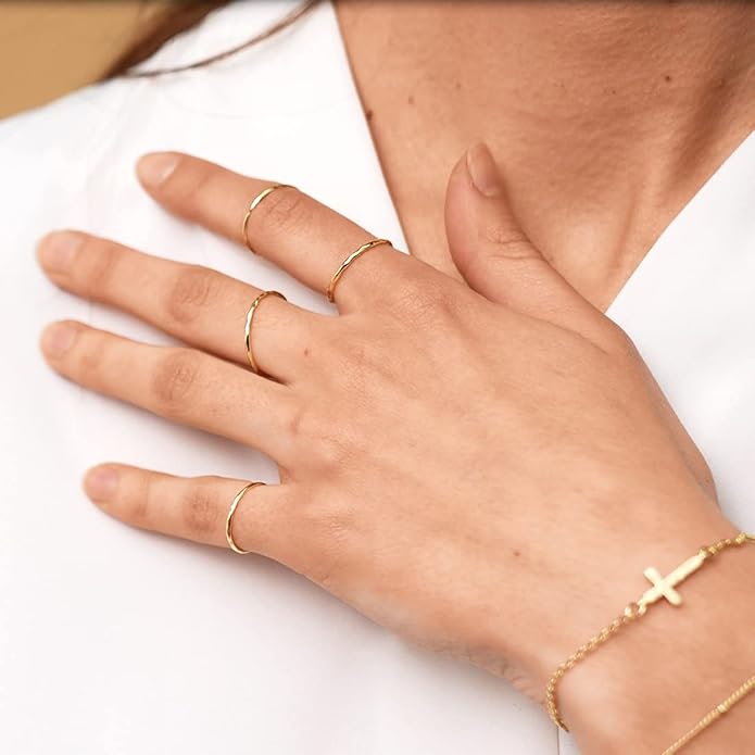 Me&Hz Gold Stackable Rings Thin Band Rings Dainty Gold Rings for Women Trendy Beaded Twist Hammered CZ Stacking Rings 14K Gold Plated Rings for Teen Girls Midi Knuckle Pinky Finger Jewerly