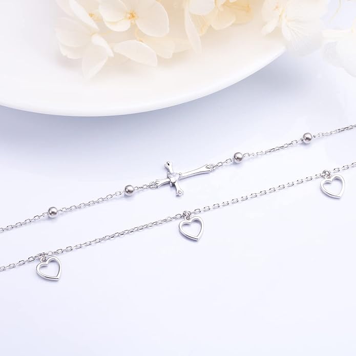 Flyow Anklet for Women S925 Sterling Silver Adjustable Foot Beaded Heart Charm Ankle Bracelet Anklets Jewelry