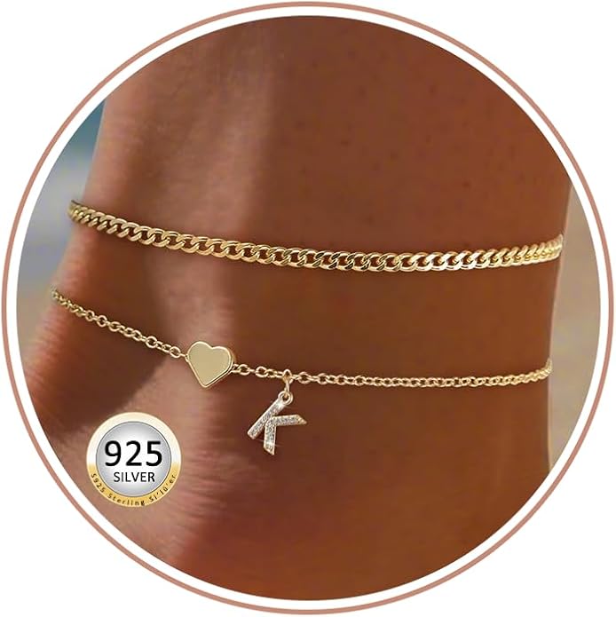 Initial Ankle Bracelets for Women 14K Gold Plated Dainty Layered Letter Heart Initial Anklet Bracelets Summer Beach Jewelry for Women