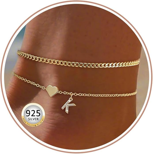 Initial Ankle Bracelets for Women 14K Gold Plated Dainty Layered Letter Heart Initial Anklet Bracelets Summer Beach Jewelry for Women