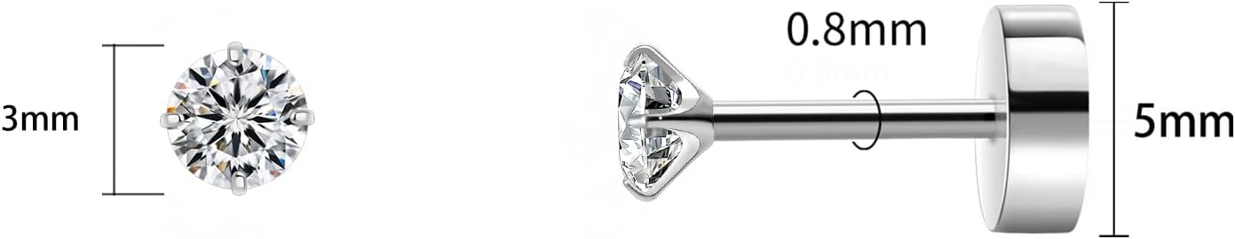 Titanium Earrings for Women Stud Earrings Cubic Zirconia Dainty Screw Flat Back Hypoallergenic Earrings for Women for Multiple Cartilage Helix Conch Tragus Piercing Jewelry for Sensitive Ears