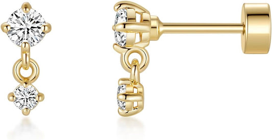 ASHINE 14K Gold Plated Dangle Flat Back Earrings | Sterling Silver Posts Dainty Double Stone Multi-Shape Earring | Tragus Cartilage Piercing Jewelry for Women