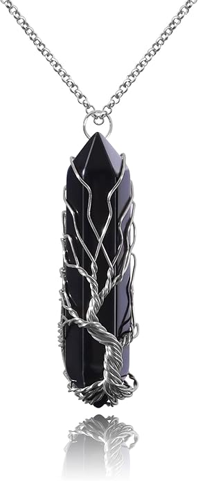VIBILIA Healing Crystal Necklace Tree of Life Wire Wrapped Natural Stone Point Pendant Necklace Hexagonal Reiki Spiritual Quartz Gemstone Jewelry for Women Men
