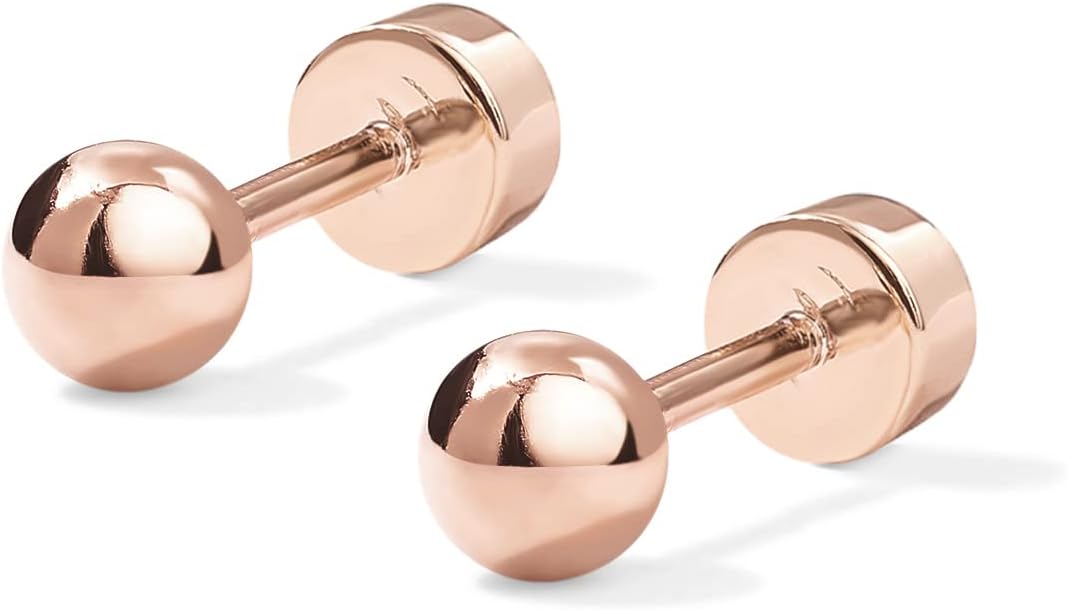 PAVOI 14K Gold Plated Solid 925 Sterling Silver Posts Dainty Ball Stud Flatback Earrings for Women - Cartilage Helix Piercing Jewelry - Small Screwbacks Stud Earrings for Women