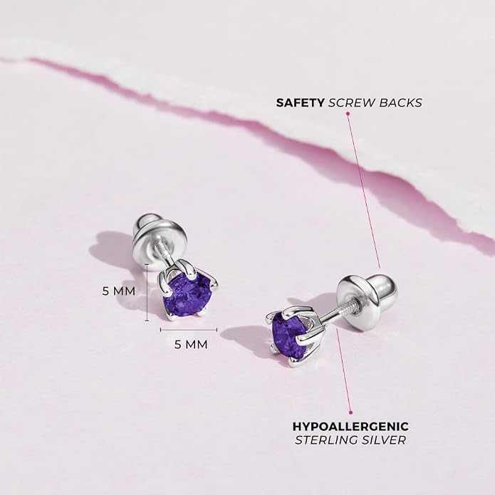 In Season Jewelry Solitaire Simulated Birthstone Kids Earrings - 925 Sterling Silver Hypoallergenic Earrings for Girls with Secure Screw Backs - Safe & Comfortable for Kids & Little Girls