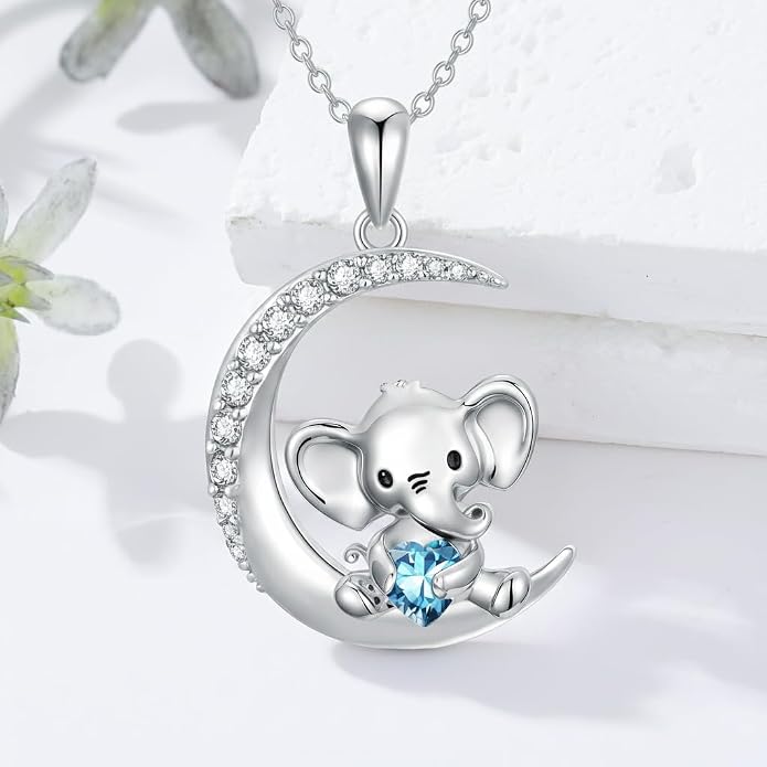 PROESS Animal Birthstone Necklace 925 Sterling Silver Otter/Axolotl/Hippo/Elephant/Dachshund/Monkey/Red Panda Pendant Necklace Animal Birthstone Jewelry Gifts for Women
