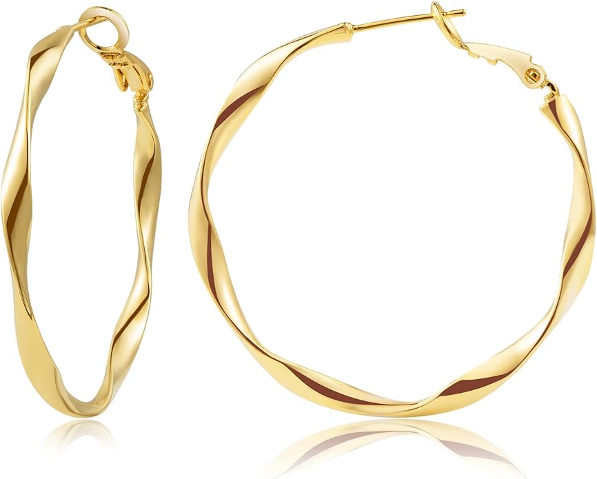 24K Gold Hoop Earrings for Women Trendy Real Gold Plated Twisted Thin Huggie Hoops, Dainty Cute Big Gold Filled Dangle Hoop Earrings Nickel Free Womens Earrings for Sensitive Ears Hypoallergenic