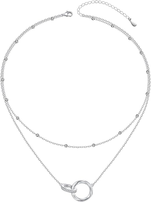 Layered Choker Necklaces for Women S925 Sterling Silver Circle/Heart/Cross/Star Multi Layered Necklace Handmade Bead Chain Adjustable Jewelry for Birthday