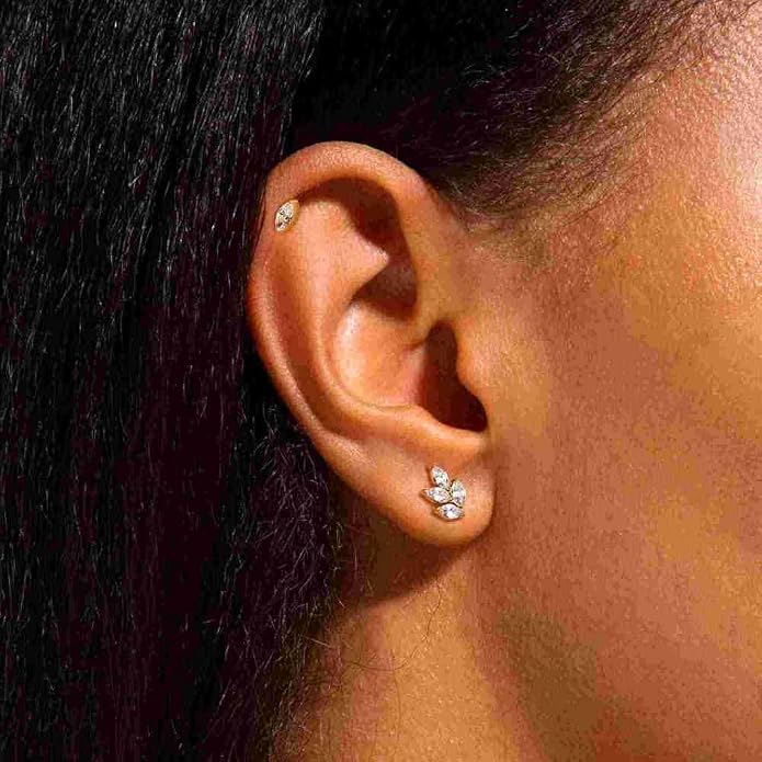 BodyBonita 16G Gold Stud Earrings Flat Back - G23 Titanium Internal Thread Clear CZ Cartilage Earrings for Women