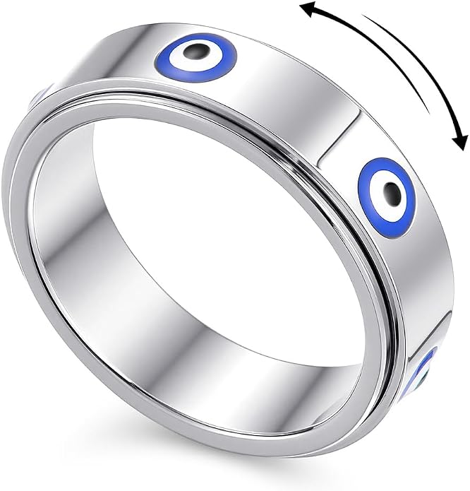 Evil Eye Fidget Ring for Women Men 18K Gold Plated, Anxiety Relief Spinner Ring Luck Charm Jewelry Gift, Size 6-10