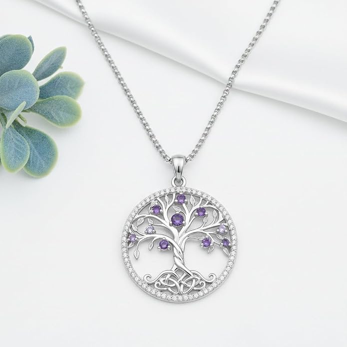 ONEFINITY Tree of Life Necklace 18k White Gold Plated Tree of Life Birthstone Pendant Necklace Birthstone Jewelry Anniversary Birthday Gifts for Women Men