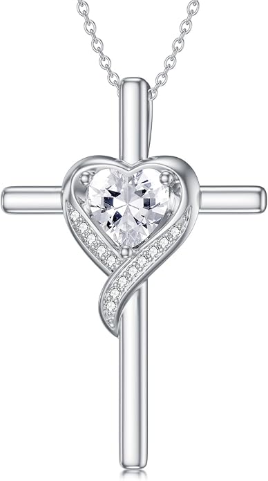 TOUPOP Birthstone Cross Necklace for Women 925 Sterling Silver Heart Cross Pendant Necklace Mothers Day Birthday Jewelry Gifts for Mom Wife Her