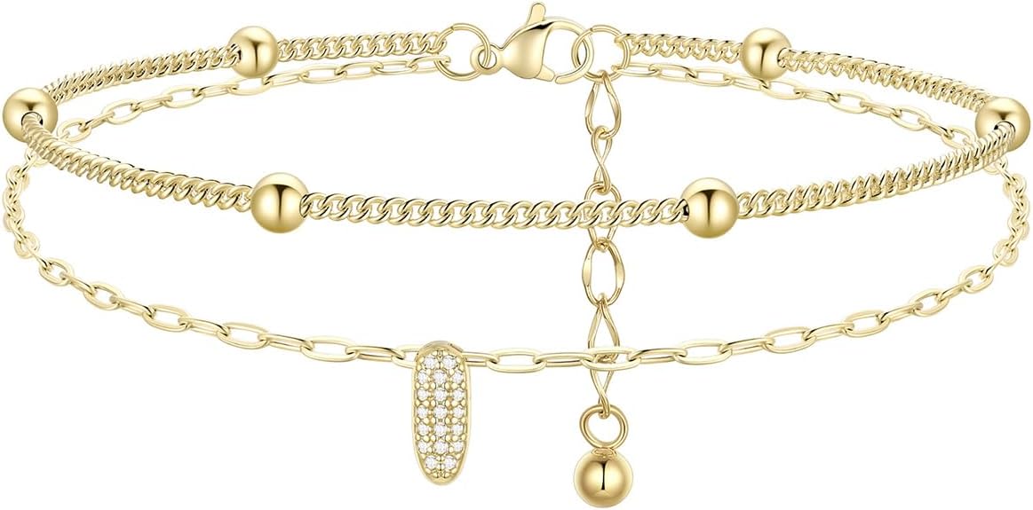 FindChic Silver/14K Gold Plated Layered CZ Initial Ankle Bracelet for Women | Waterproof Stainless Steel, Cubic Zirconia Letter Charm, Non-Tarnish, Hypoallergenic, Adjustable Extender, Summer Jewelry