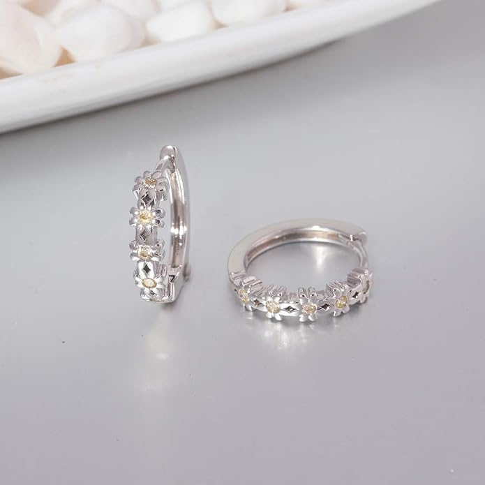 CiNily Small Hoop Earrings for Women Girls Flower Cubic Zirconia Huggie Earrings Hypoallergenic 14K Yellow Gold Plated Cartilage Earrings