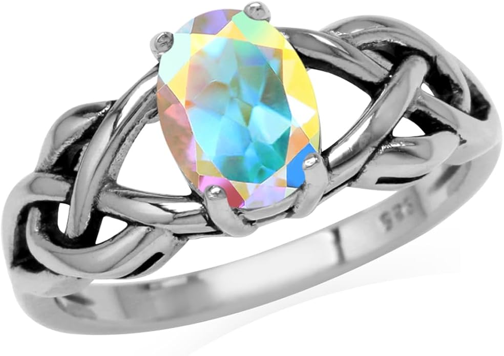 Silvershake 8X6mm Oval Shape Birthstone Gemstone Antique Finishing or Yellow Gold Plated 925 Sterling Silver Celtic Knot Weave Solitaire Ring Jewelry for Women