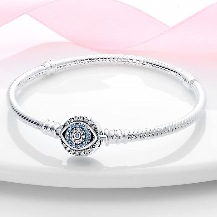 KUNSIR 925 Sterling Silver Snake Chain Bracelet Blue Evil Eyes with 5A Cubic Zirconia Bracelets for Women Teen