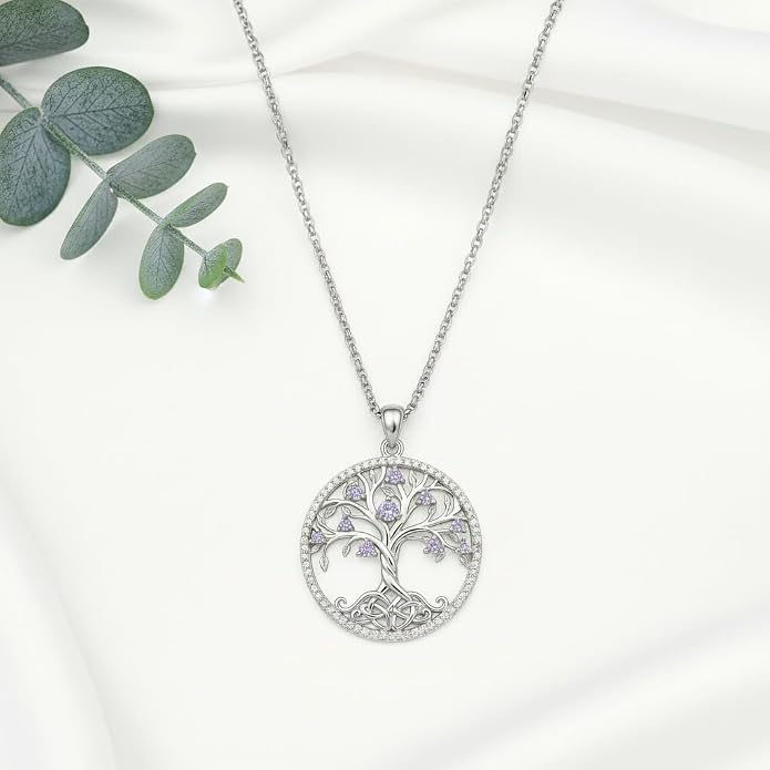 ONEFINITY Tree of Life Necklace 18k White Gold Plated Tree of Life Birthstone Pendant Necklace Birthstone Jewelry Anniversary Birthday Gifts for Women Men