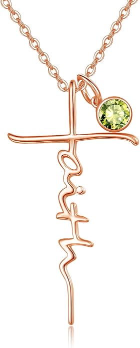 PRAYMOS Faith Cross Necklace for Women 925 Sterling Silver Pendant Necklace With Birthstone Initial Christian Religious Confirmation Baptism Mothers Day Gifts