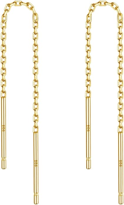 3 Pairs Threader Earrings 925 Sterling Silver Long Chain Earrings Bar/Ball Wrap Threader Drop Earrings for Women Lightweight Minimalist Mother's Day Jewelry Set