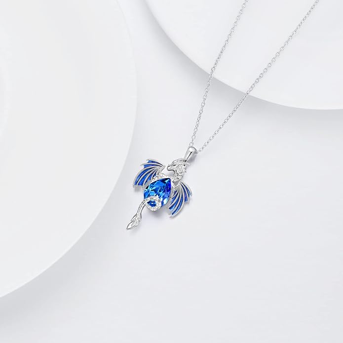 Dragon Necklace for Men Sterling Silver Birthstone Wyvern Necklace Embllished with Teardrop Shaped Crystal Jewelry for Women