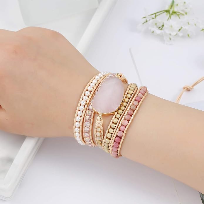Plumiss Women Boho Handmade Natural Stone Crystal Leather Bead Wrap Bracelets Collection