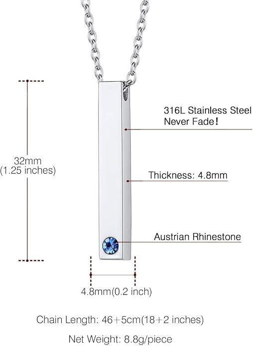 U7 Engravable Bar Necklace, Womens Choker Necklace Stainless Steel Custom Engrave Text Horizontal/Vertical Bar Pendant Necklaces for Men Women