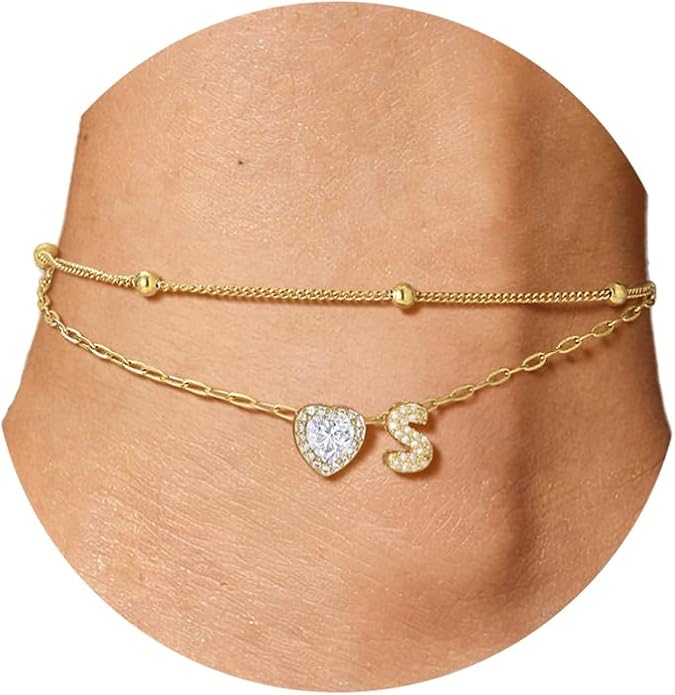 FindChic Silver/14K Gold Plated Layered CZ Initial Ankle Bracelet for Women | Waterproof Stainless Steel, Cubic Zirconia Letter Charm, Non-Tarnish, Hypoallergenic, Adjustable Extender, Summer Jewelry