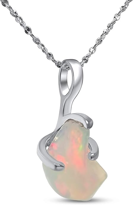 Natural raw gemstone pendant chain necklace with white gold over 925 solid sterling silver, birthstone dainty solitaire gift for her, uniquelan jewelry