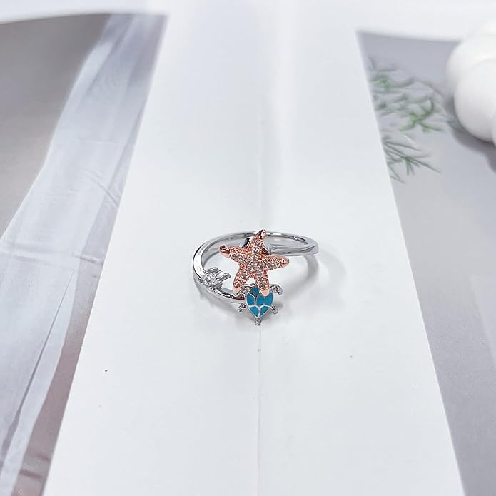 Starfish Turtle Fidget Anxiety Open Rings for Women Cute Funny Adjustable Crystal Spinner Stress Relief Stackable Ring Rotatable Calming Worry Meditation Jewelry Birthday Christmas Gifts