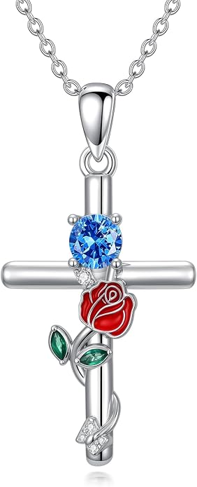 Birthstone Cross Necklace 925 Sterling Silver Rose with Butterfly Birthstone Cross Pendant Necklace Jewelry Gifts for Women Birthday Christmas