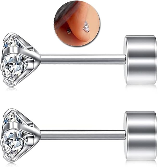 20G Hypoallergenic G23 Titanium Cubic Zirconia Silver Flat Back Earrings for Women and Men,Nickel-Free and Lead-Free Medical Waterproof Studs,Cartilage Stud Earrings for Sensitive Ears,Fashion Piercing Jewelry for Sensitive Skin