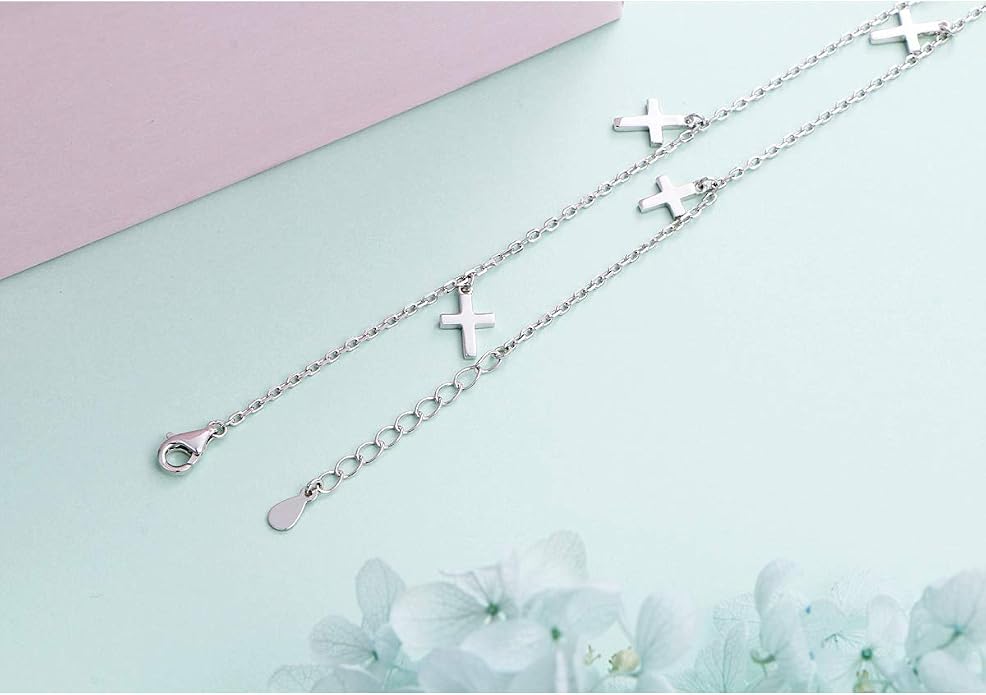 Anklet for Women S925 Sterling Silver Beach Style Foot Layered Adjustable Ankle Bracelet Disc Evil Eye Heart Infinity Bead Cross Jewelry