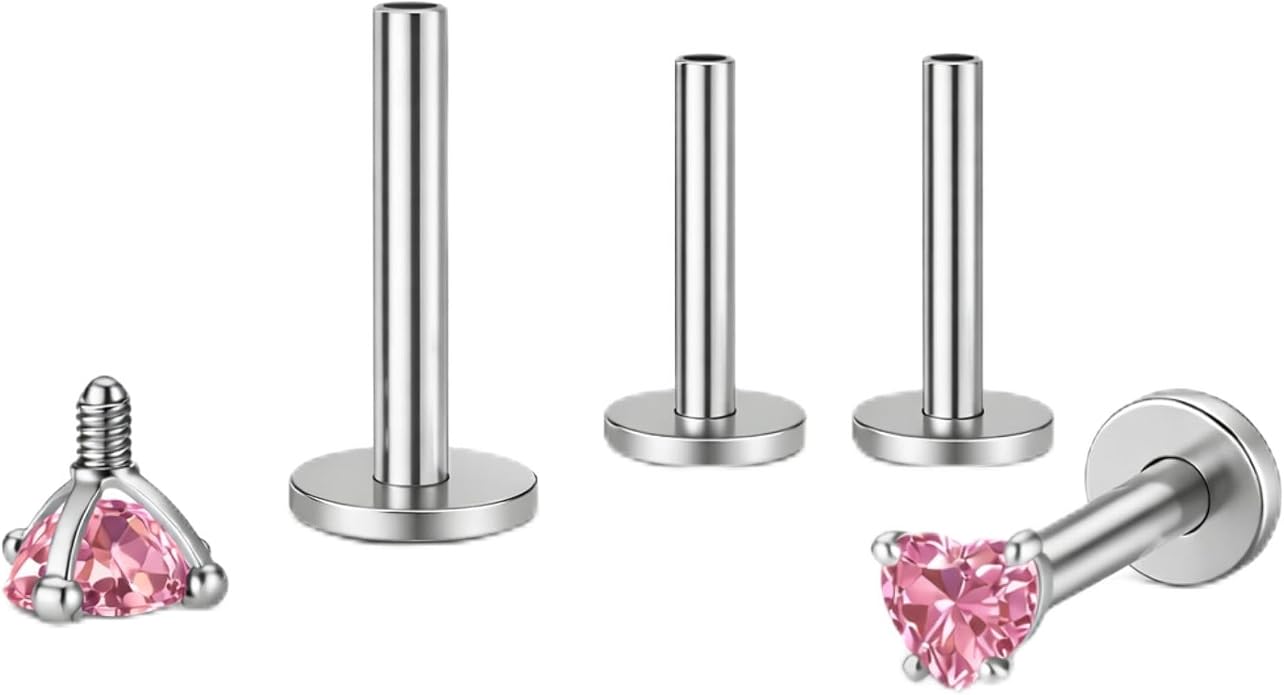 Titanium Heart CZ Labret Stud Earrings for Piercings by Ginger Lyne 6Pc Set G23 Screw Front Flat Back Body Jewelry 2 pair post 6mm, 8mm Cartilage, Helix, Tragus, Lip, Conch, Lobe