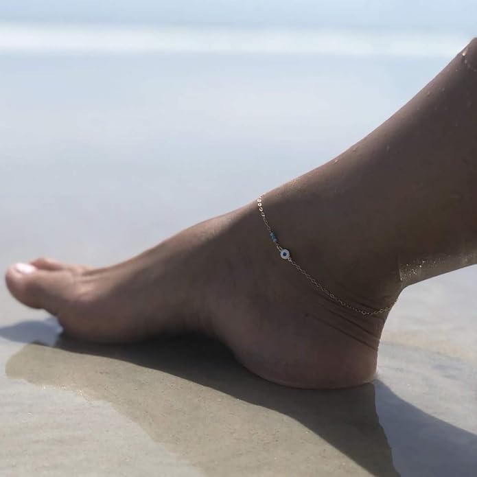 Gold Dainty Turquoise Anklet for Women,14K Gold Plated Cute Tiny Beaded Evil Eye Boho Beach Foot Chain Ankle Bracelet for Women on Summer