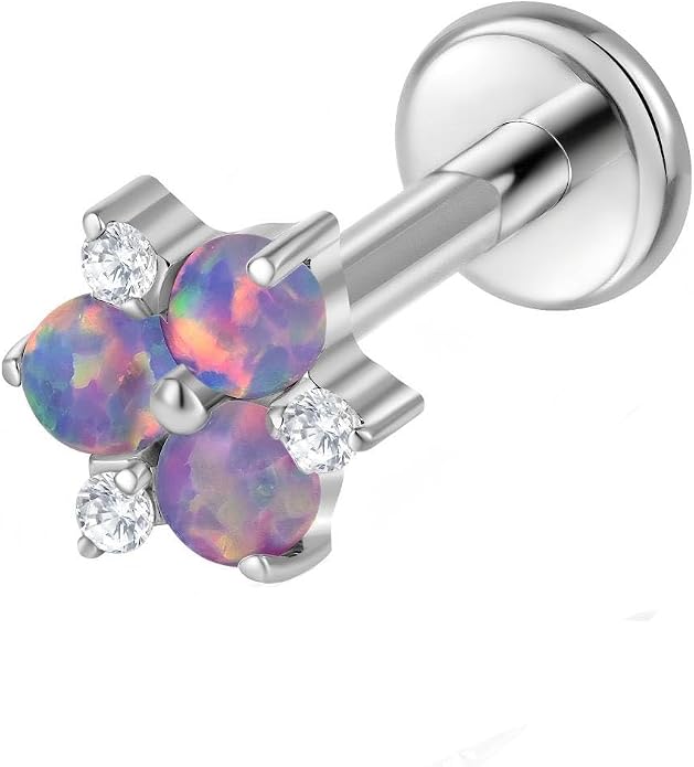16G Internally Threaded Titanium Opal Flower Labret Tragus Stud, Monroe Lip Ring Helix Piercing Jewelry