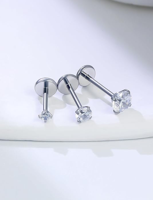 20G 18G 16G Astm F136 Titanium Internally Threaded Flat Back Earrings Nose Rings Studs G23 Titanium Tragus Helix Conch Cartilage Earrings Studs Piercing Jewelry For Women Men Clear Pink CZ