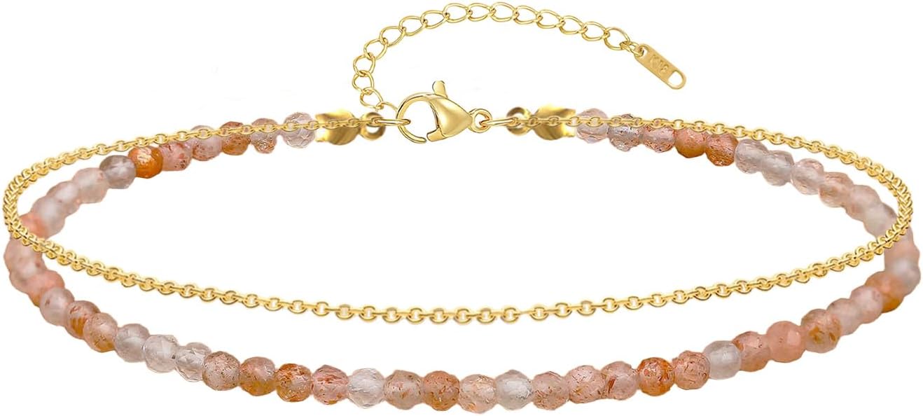 Ankle Bracelet for Women, Dainty 18k Gold Natural Stone Beaded Anklet Adjustable Double Ankle Chain Waterproof Summer Boho Foot Jewelry Birthday Anniversary Graduation Gifts