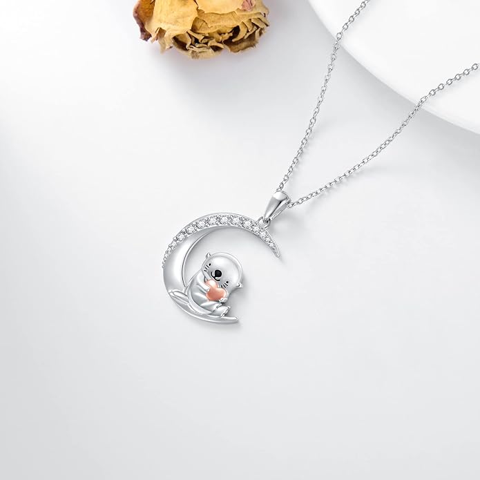 PROESS Animal Birthstone Necklace 925 Sterling Silver Otter/Axolotl/Hippo/Elephant/Dachshund/Monkey/Red Panda Pendant Necklace Animal Birthstone Jewelry Gifts for Women